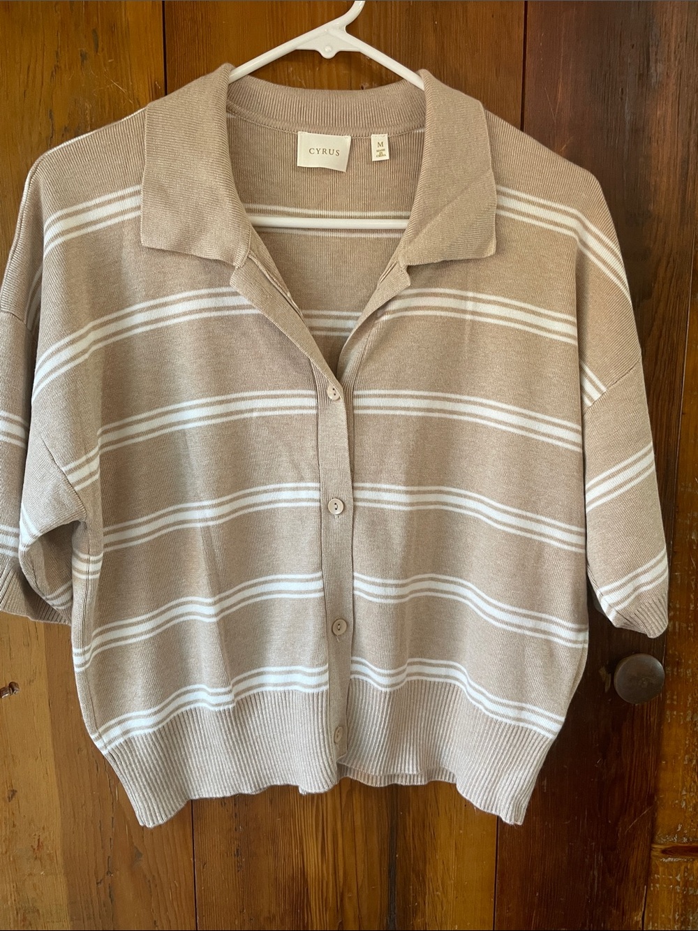 Cyrus Beige and White Striped Button-Up Knit Top